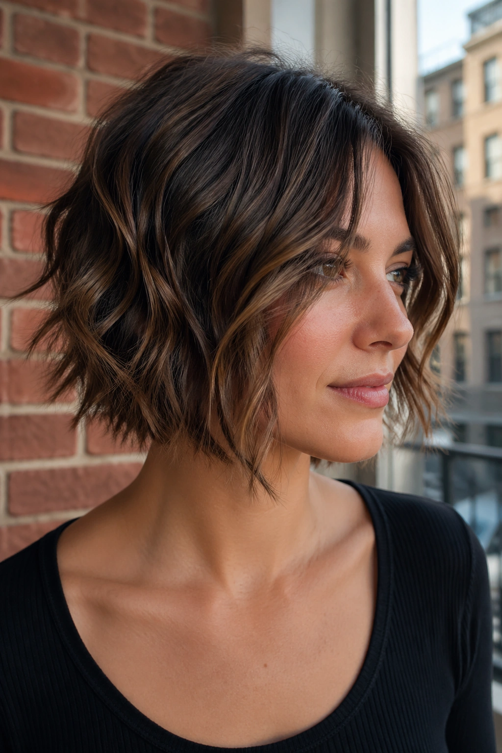 Close-up of a real woman with Piecey Bob With Long Slices hairstyle on an urban balcony