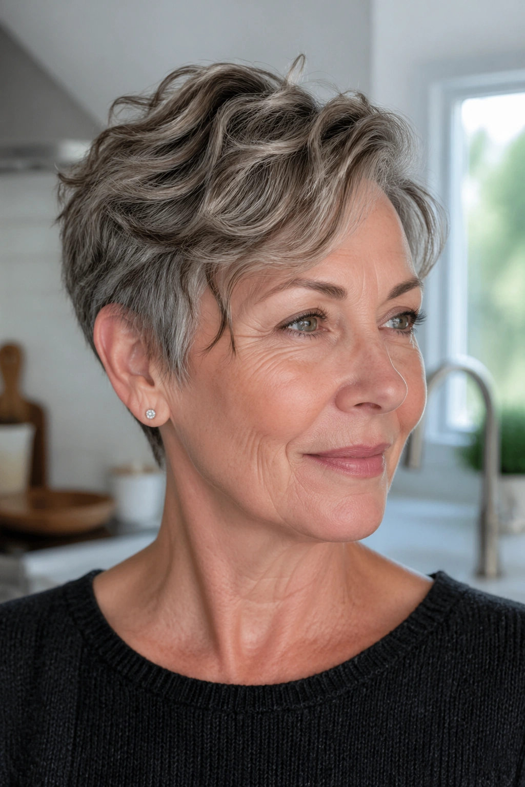 Close-up of a real woman with a piecey crop and longer top in a bright kitchen