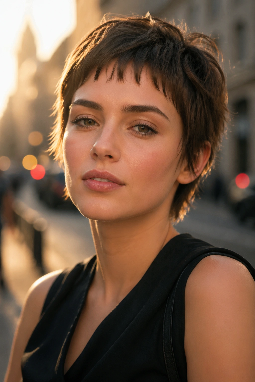 Close-up of real person with micro bangs and piecey crop on golden hour street