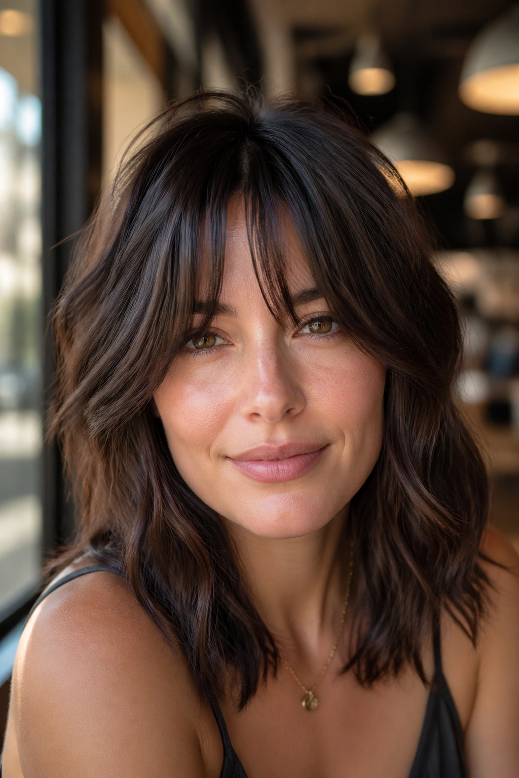 Close-up of piecey curtain bangs with micro layers on a real woman in natural light