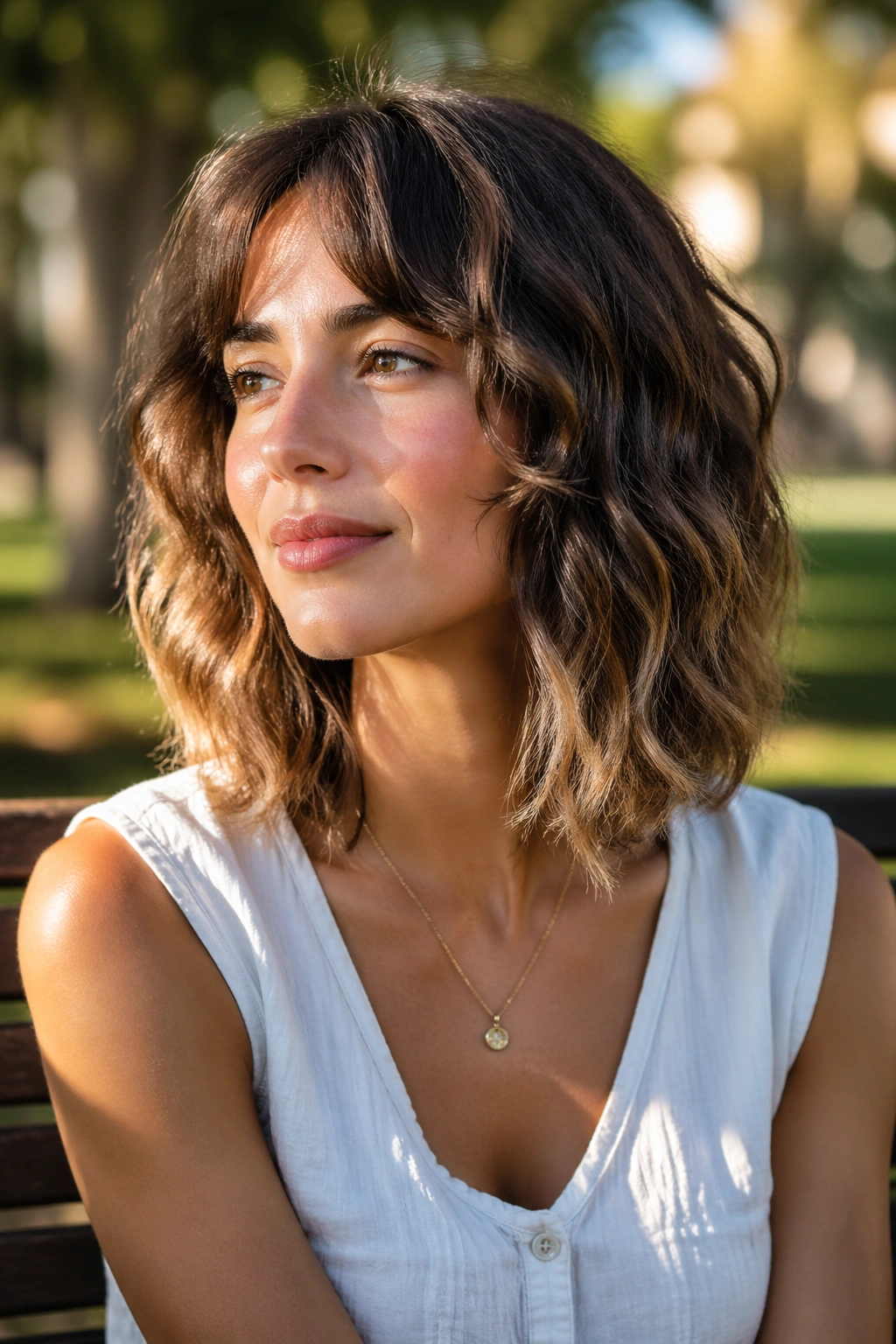 Close-up of a real person with piecey ends and textured perimeter in medium waves