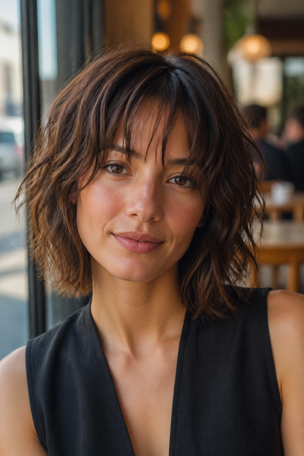 Close-up of a real person with a piecey fringe shag and separated fringe strands.