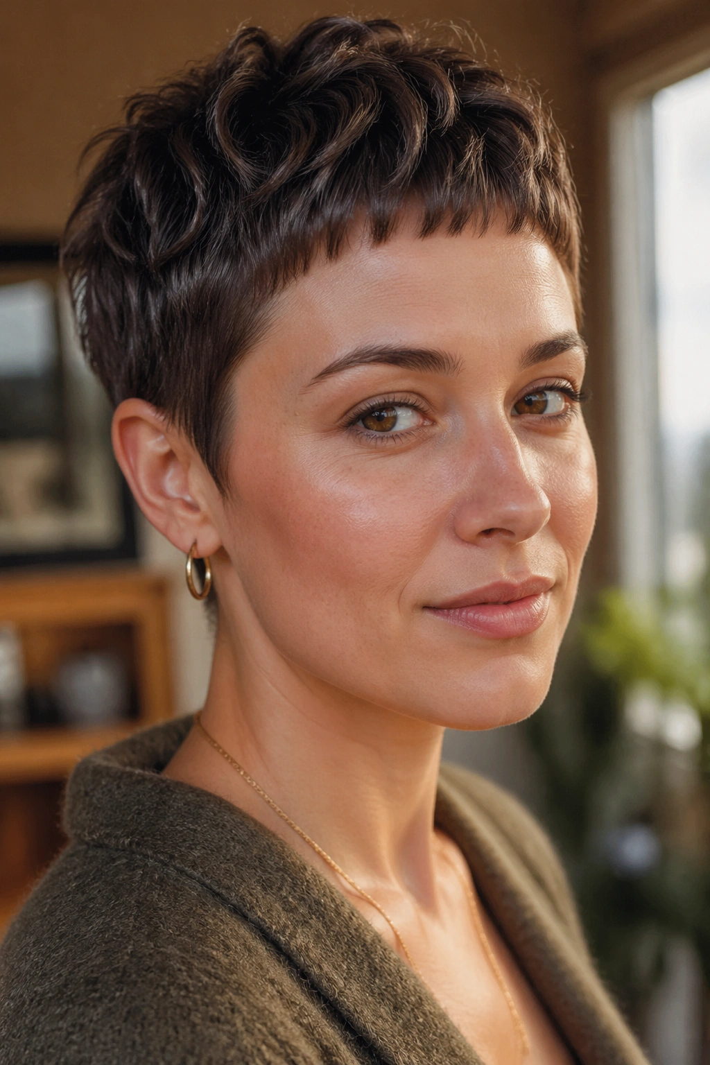 Close-up of a real woman with piecey pixie and micro fringe in a cozy setting