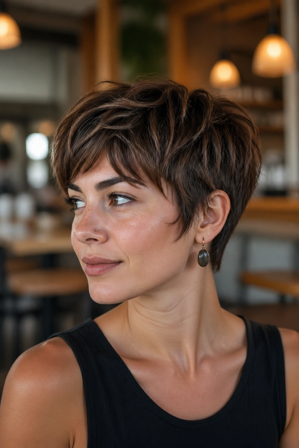 Portrait of a real person with piecey pixie and point-cut ends.