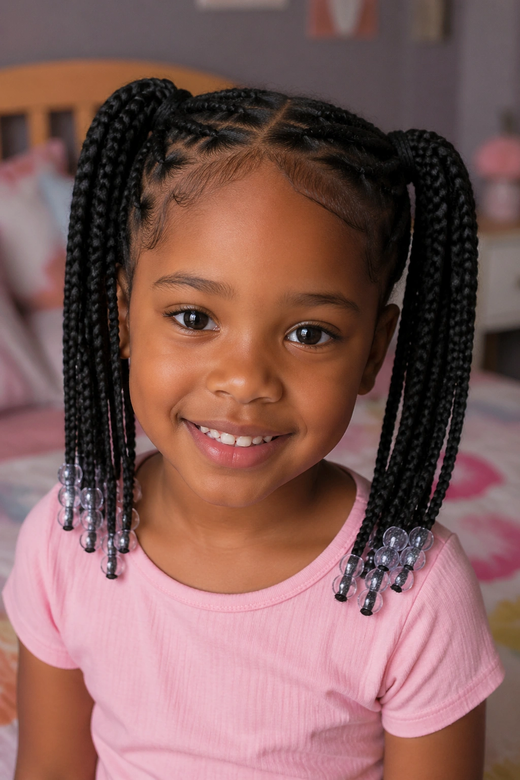Close-up of a real child with two neat pigtail box braids in a sunlit bedroom
