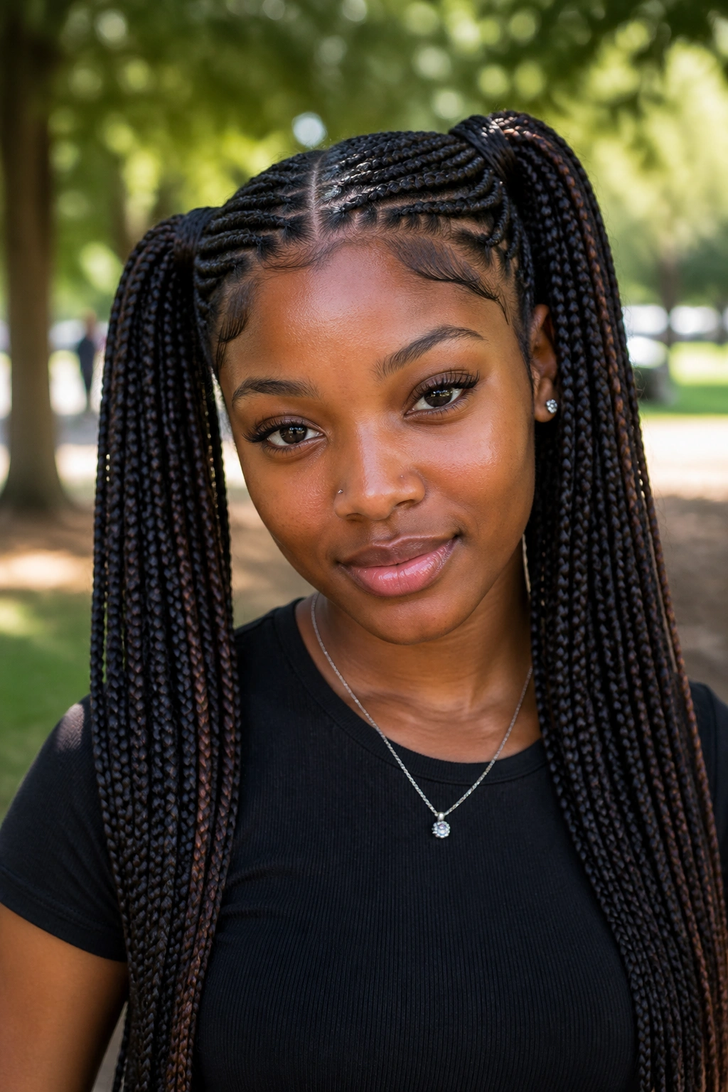 Close-up of a real woman with two pigtail box braids in a sunny park setting.