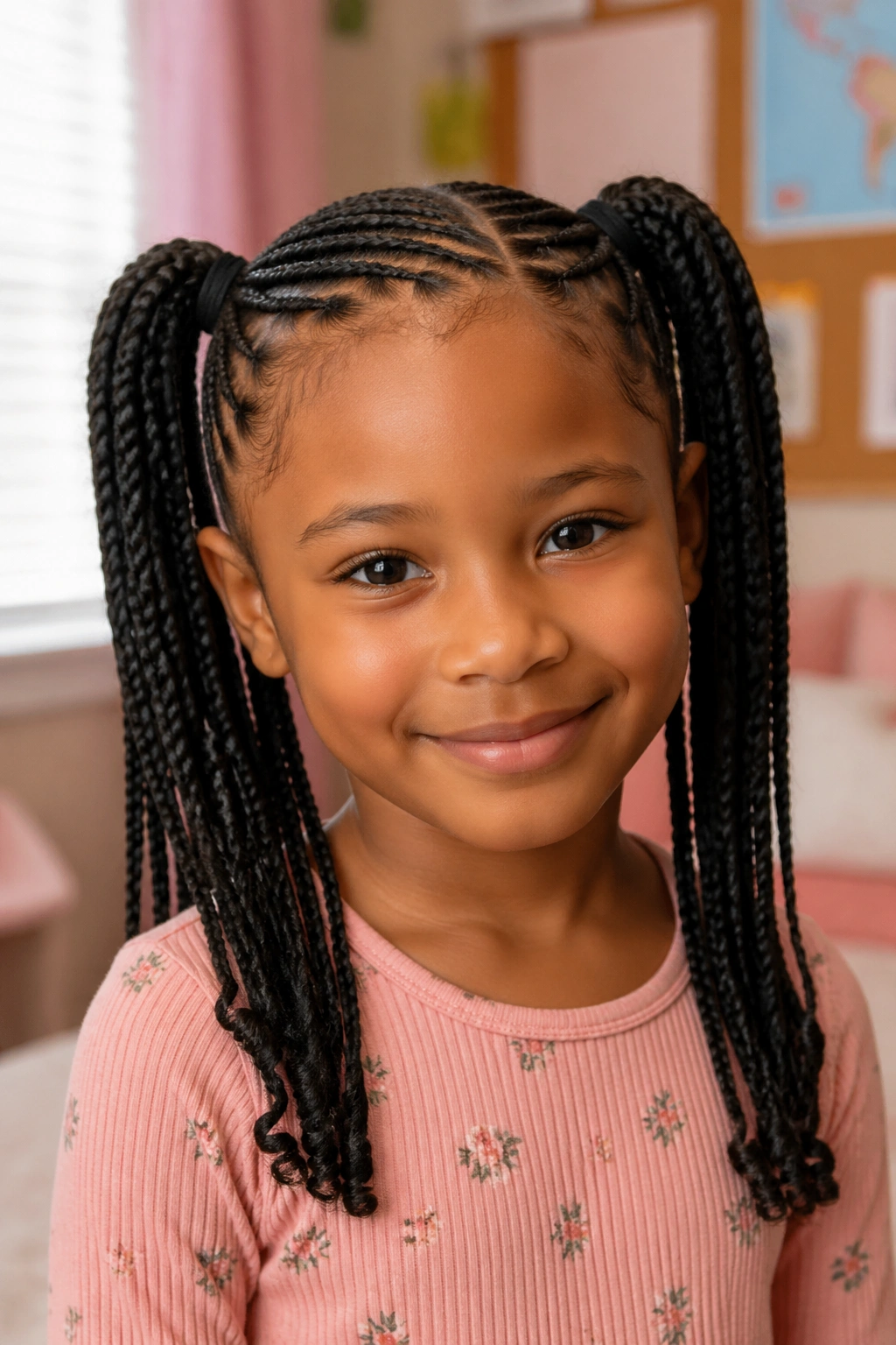 Close-up of a girl with two neat pigtail box braids