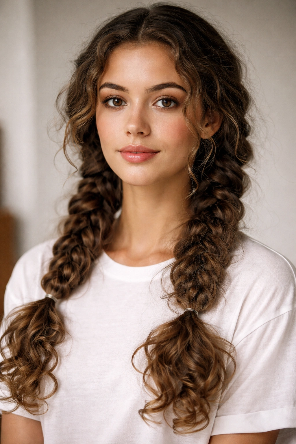 Two low pigtail braids starting near the ears on long curly hair