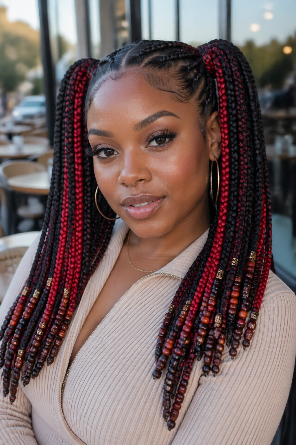 Real woman with pigtail box braids showing red peekaboo sections and mixed beads