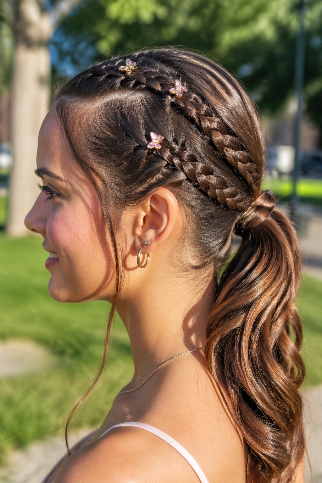 Close-up of two front braids merging into a butterfly ponytail with mini clips
