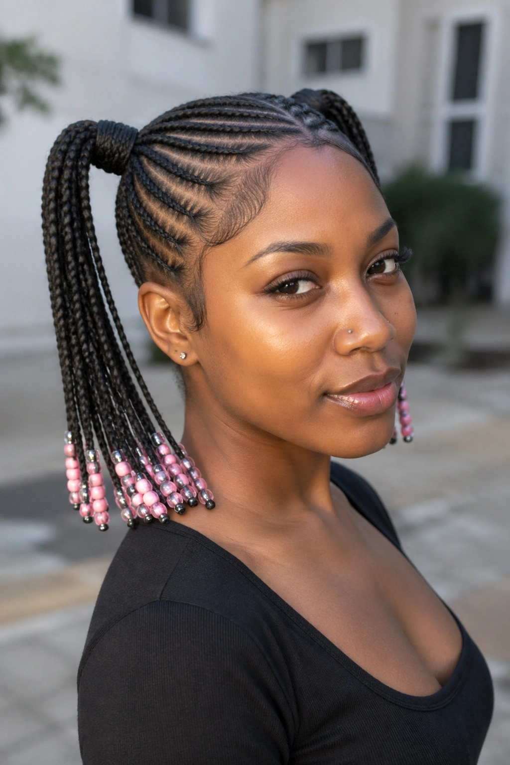 Real person with two pigtails having beaded tips on cornrows