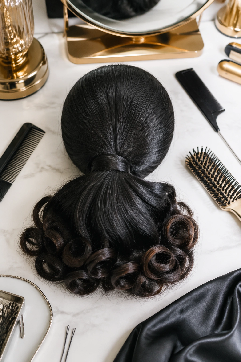 Top-down flat-lay showing pin curl ends and smooth crown.