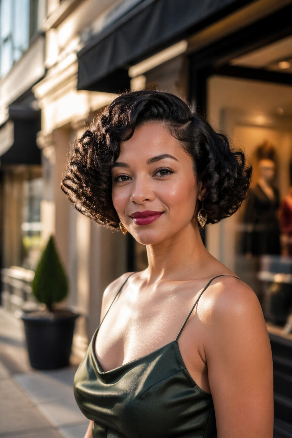 Front view of pin-curl faux bob on city street