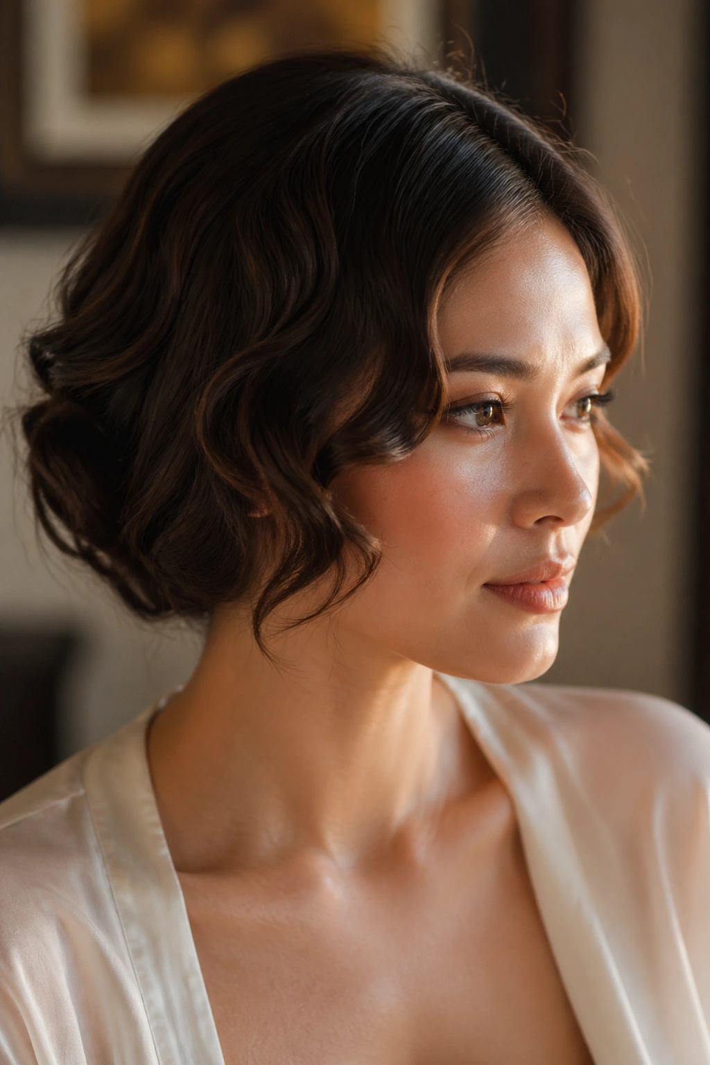 Real woman with a pin-curl faux bob on shoulder-length wavy hair