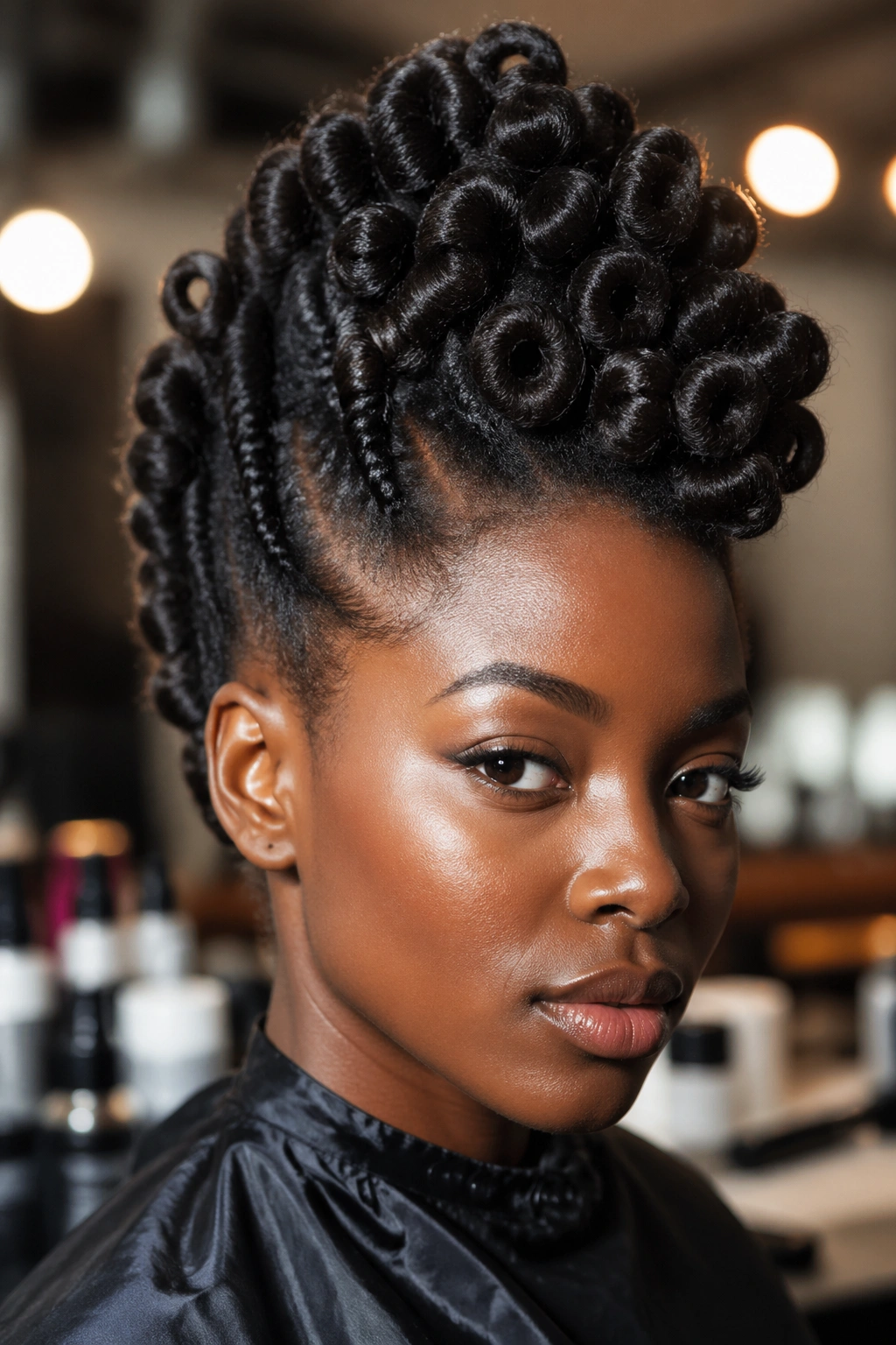 Close-up of a real woman with a Pin Curl Frohawk featuring a central stand-up mohawk and upward-curled sides.