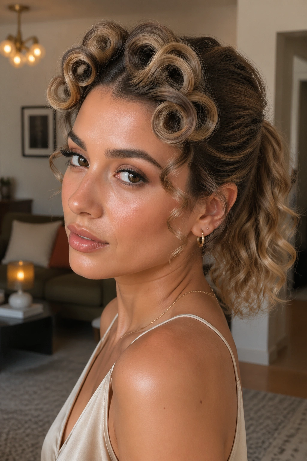 Face-framing pin curls leading to a ponytail on a real woman