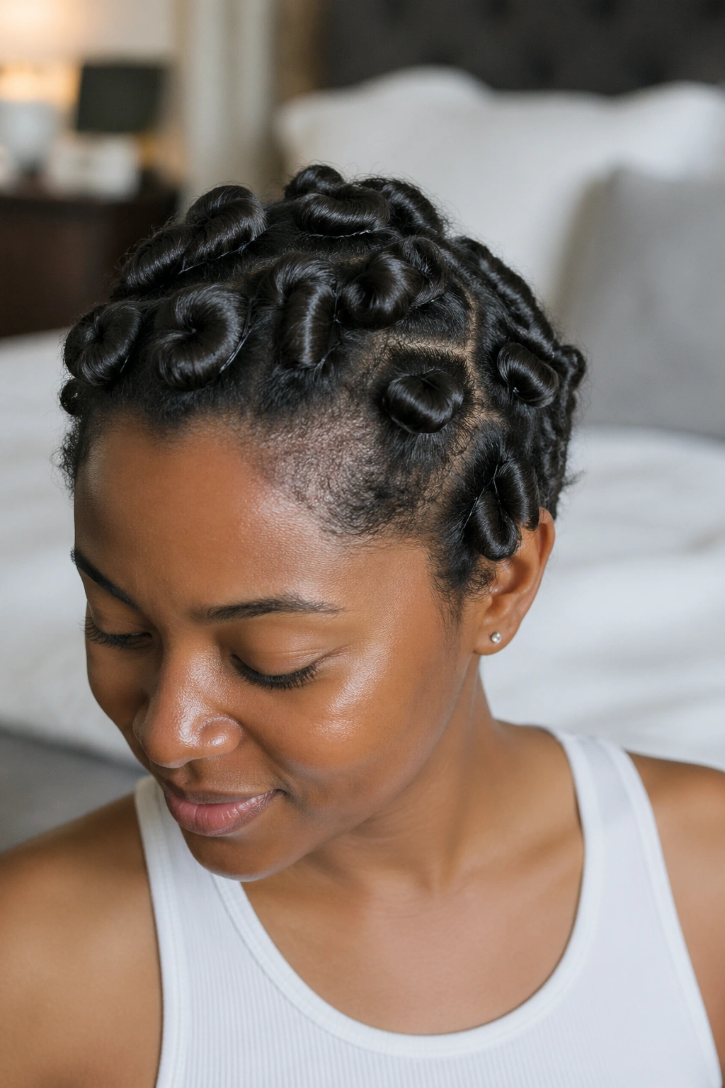 Close-up of a real person with pin curls secured by bobby pins all over the scalp