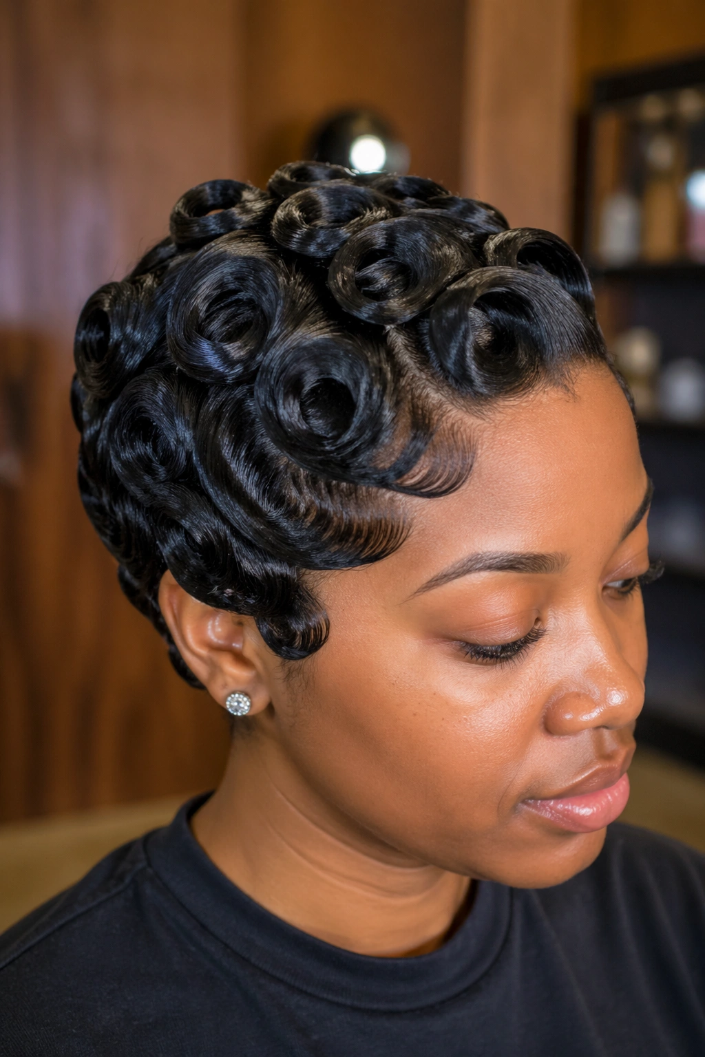 Close-up of a real woman with tiny pin curls on silk-pressed hair