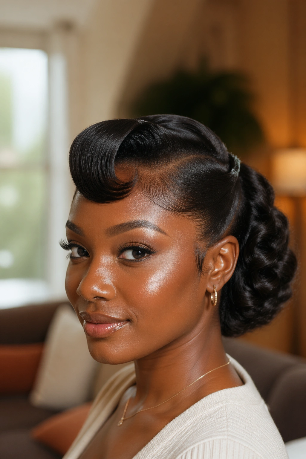 Pin-Curl swoop with defined ends on a real woman, soft daylight