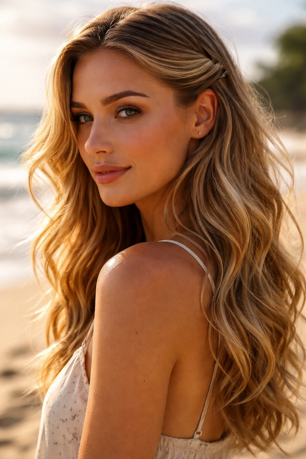 Close-up of a real woman with front tucked waves behind ears at the seaside