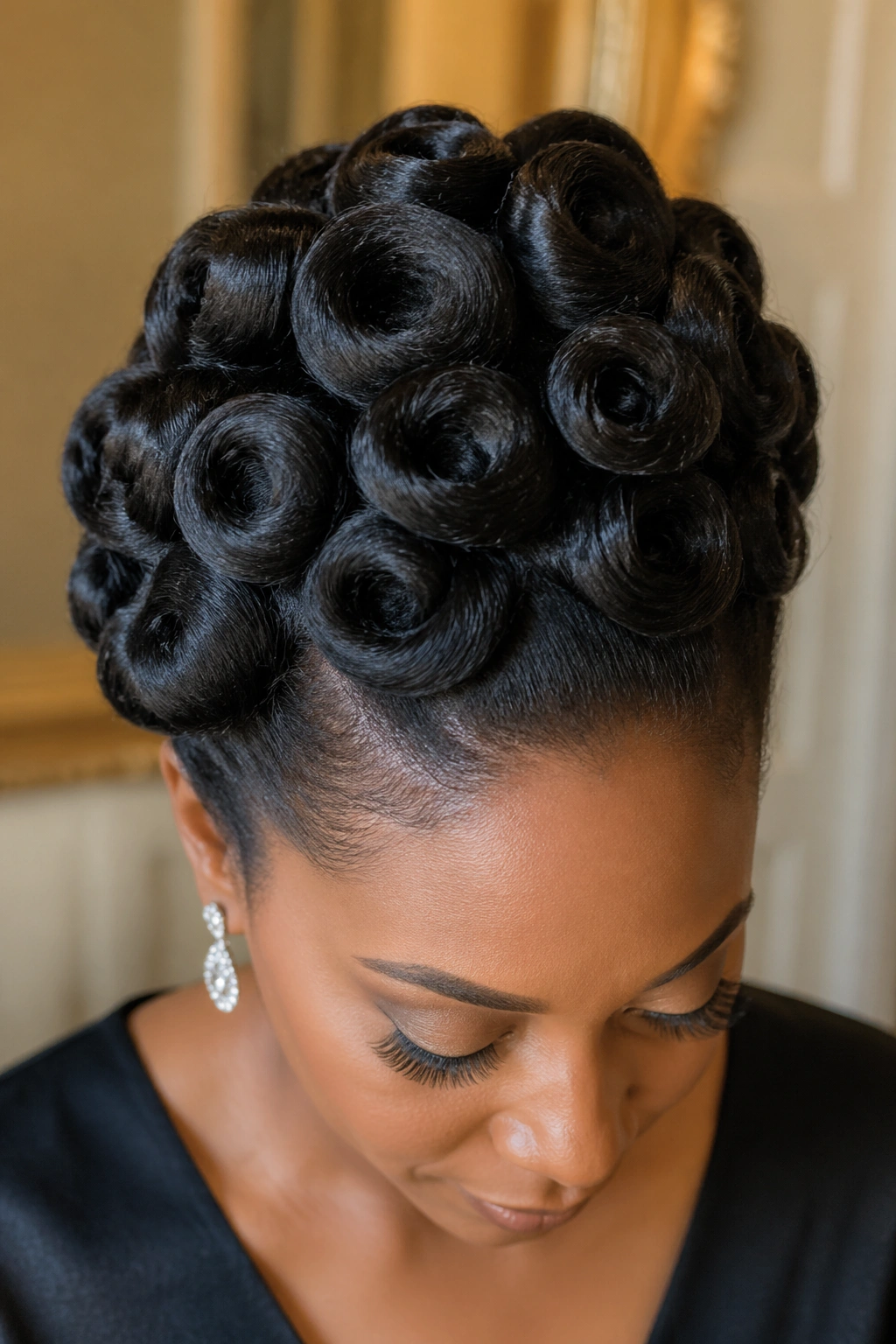 Close-up of a real woman with a pin curl updo crafted from uniform coils.