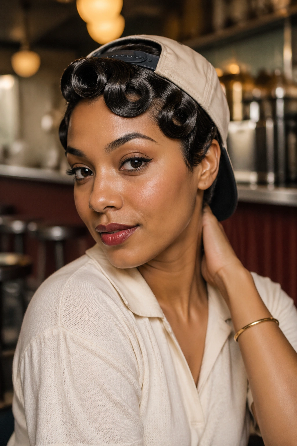 Close-up portrait of a real person wearing a cap with front pin curls or finger waves.