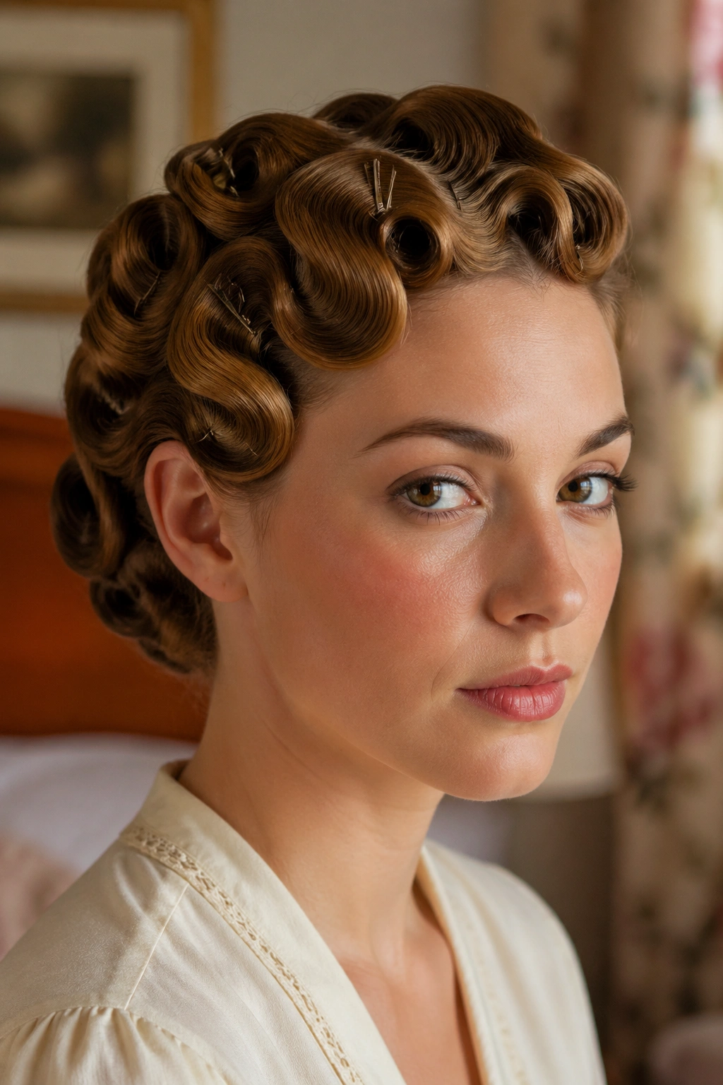 Close-up of a real woman with pin-curled waves pinned flat to the scalp in a retro setting