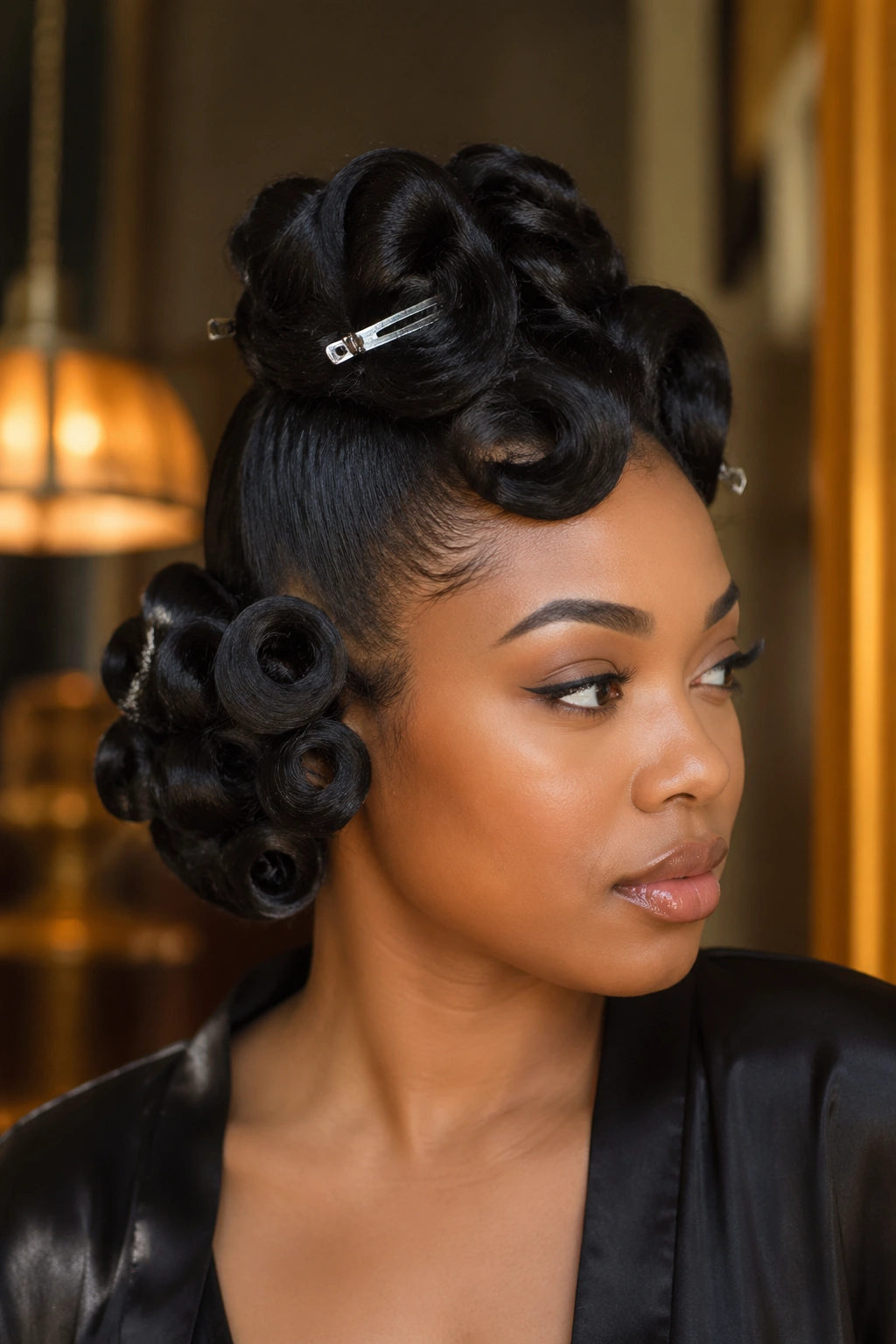Real woman half up with pin curls in down section for retro glamour.