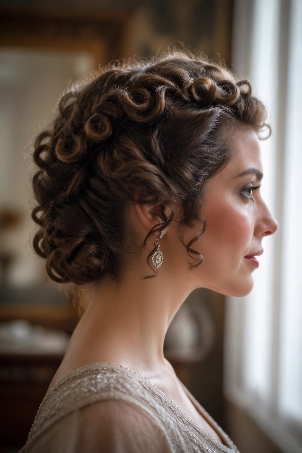 Profile view of a woman with a halo of pin curls in a 1920s updo
