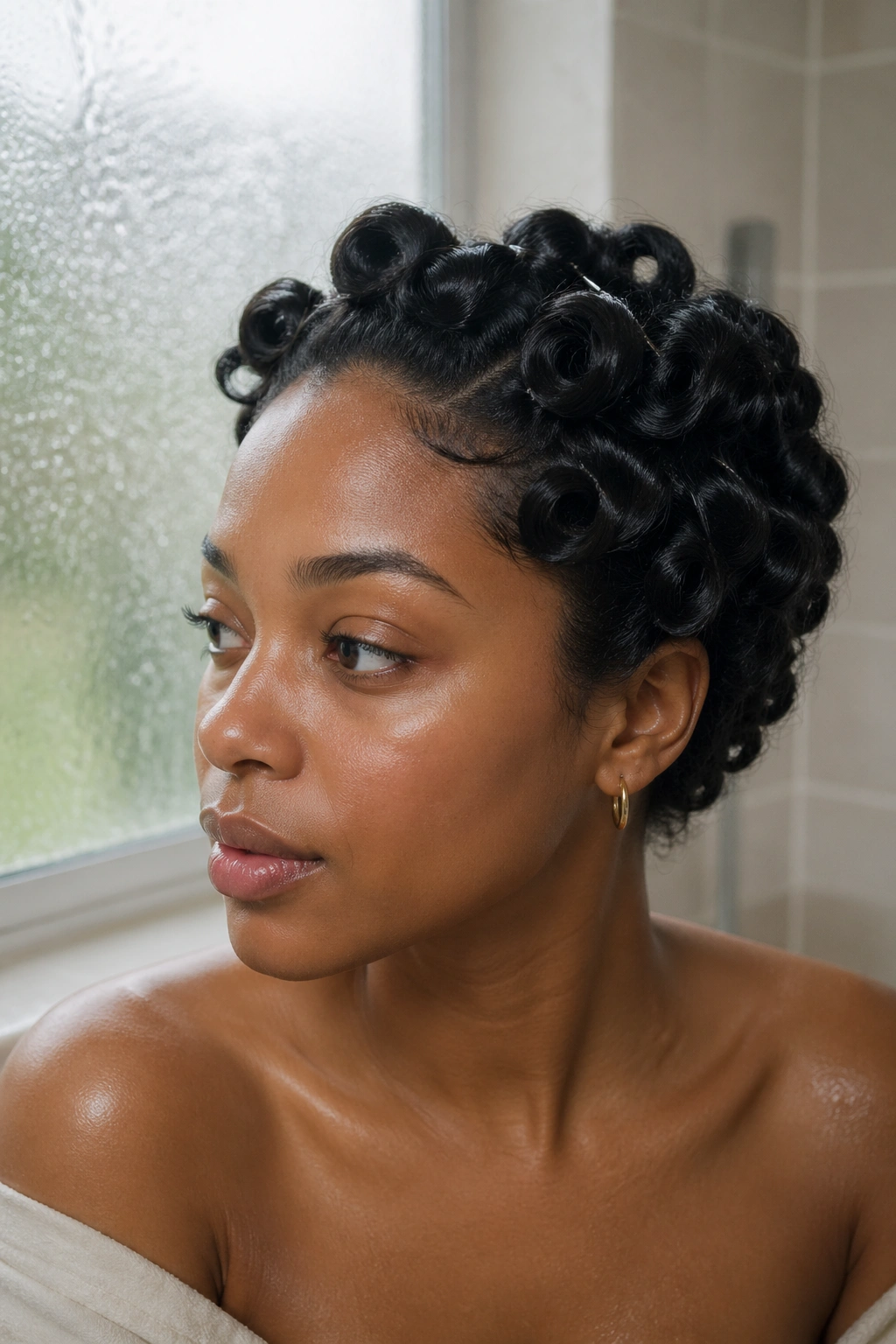 Close-up of a real woman with natural hair pin curls held firm in humidity.