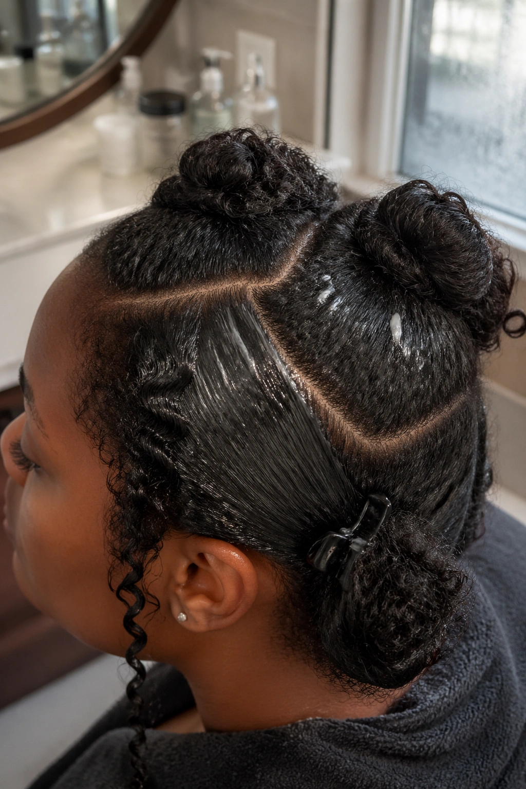 Damp natural hair with product distributed for pin curls in a bathroom vanity setting