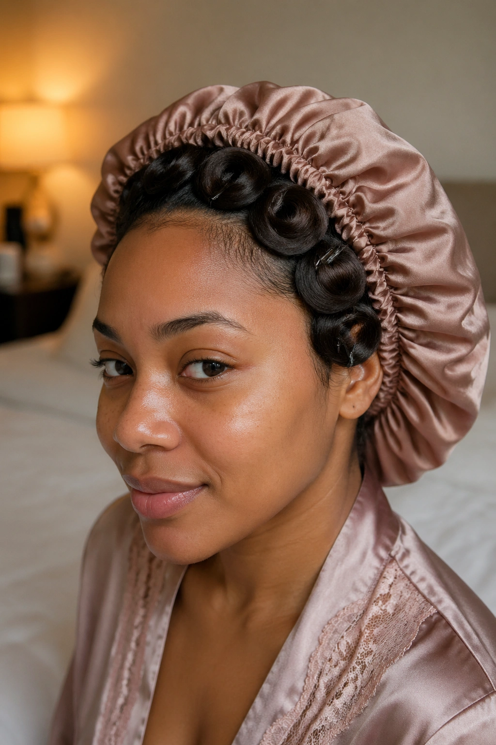 Real woman with satin bonnet and pin curls for night maintenance