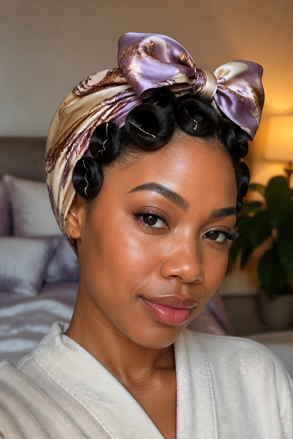 Real woman with satin scarf wrapped over pinned curls