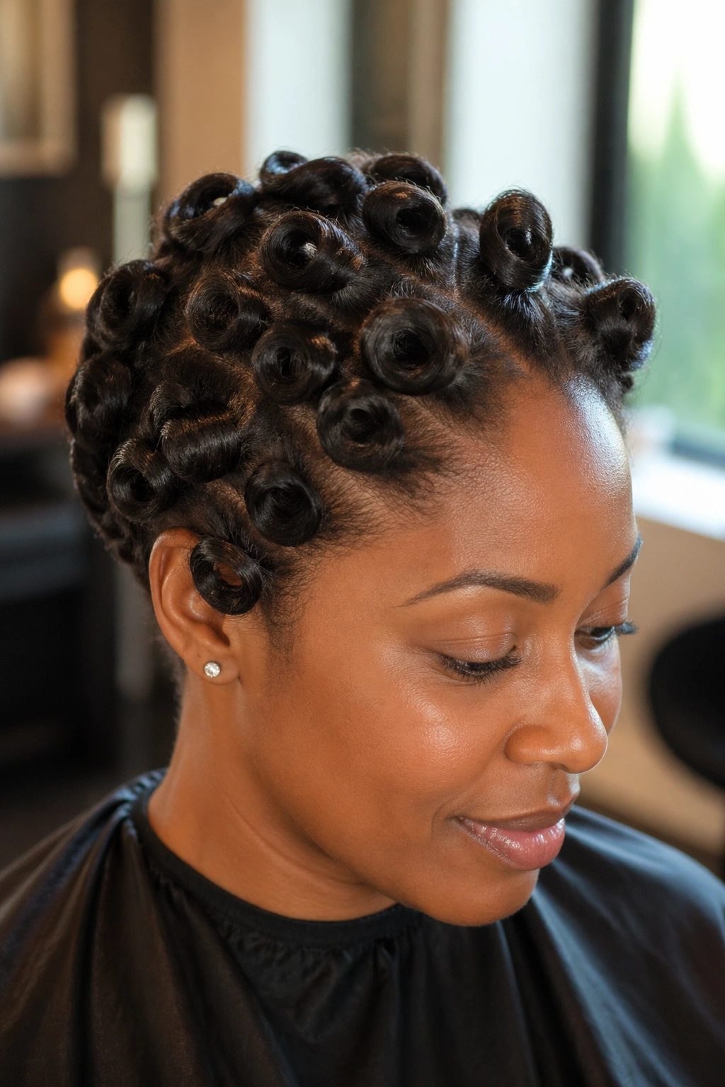 Close-up of pin curls on natural hair showing flat and outward coils in a softly lit salon setting
