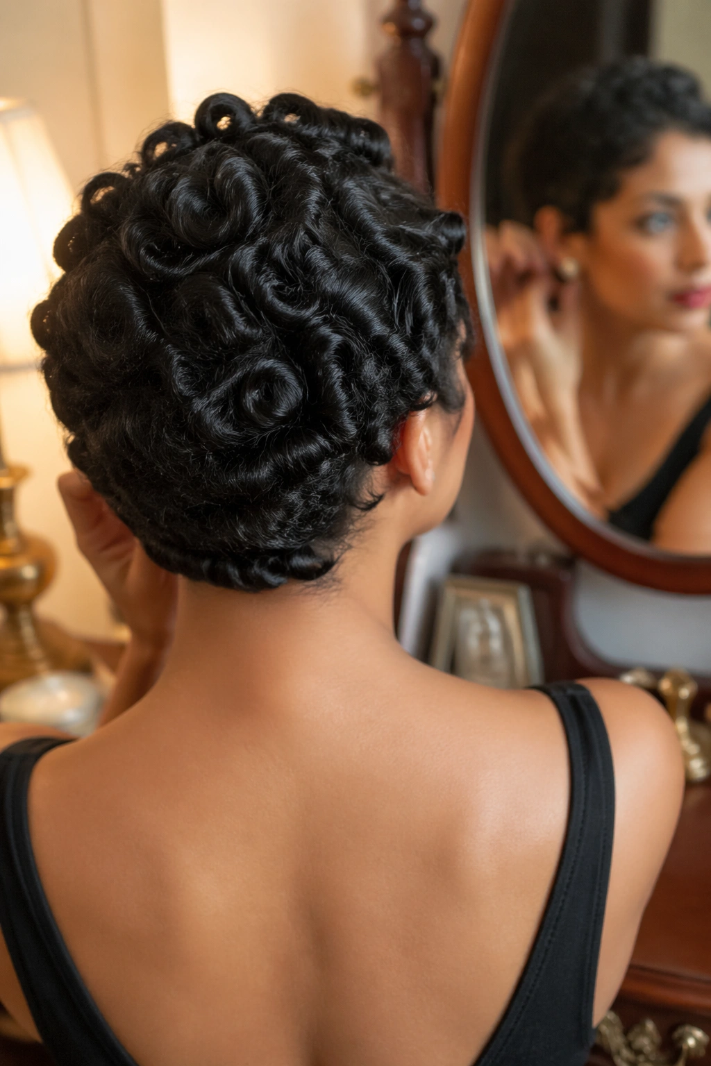 Over-the-shoulder view of pin curls on short curls at a vanity.