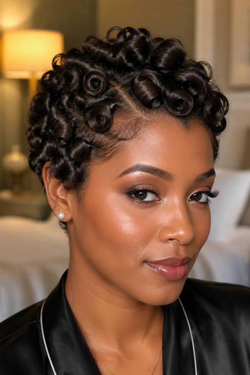 Close-up of a real woman with short hair in miniature pin curls