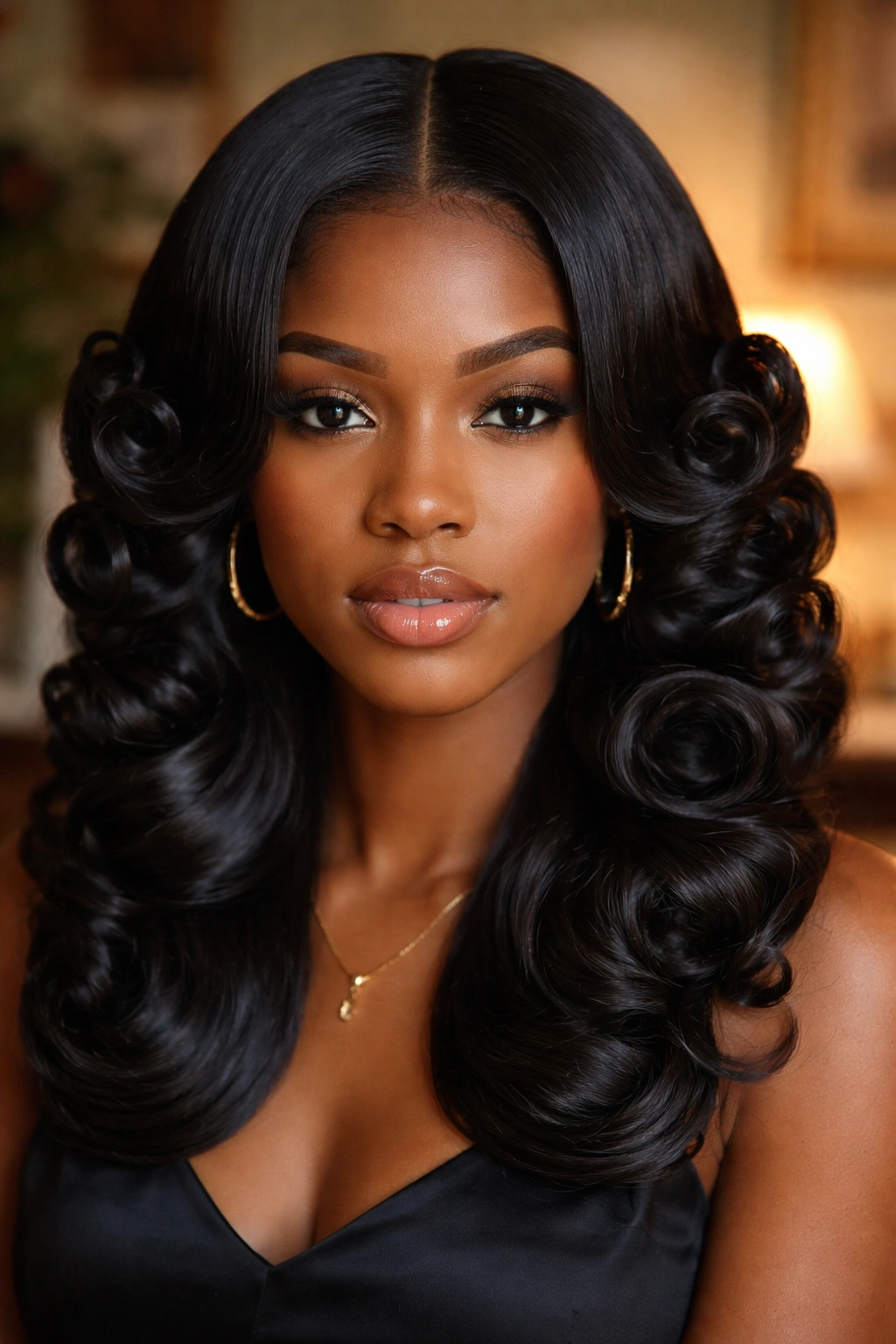 Close-up of a real woman with symmetrical pin curls and silk press