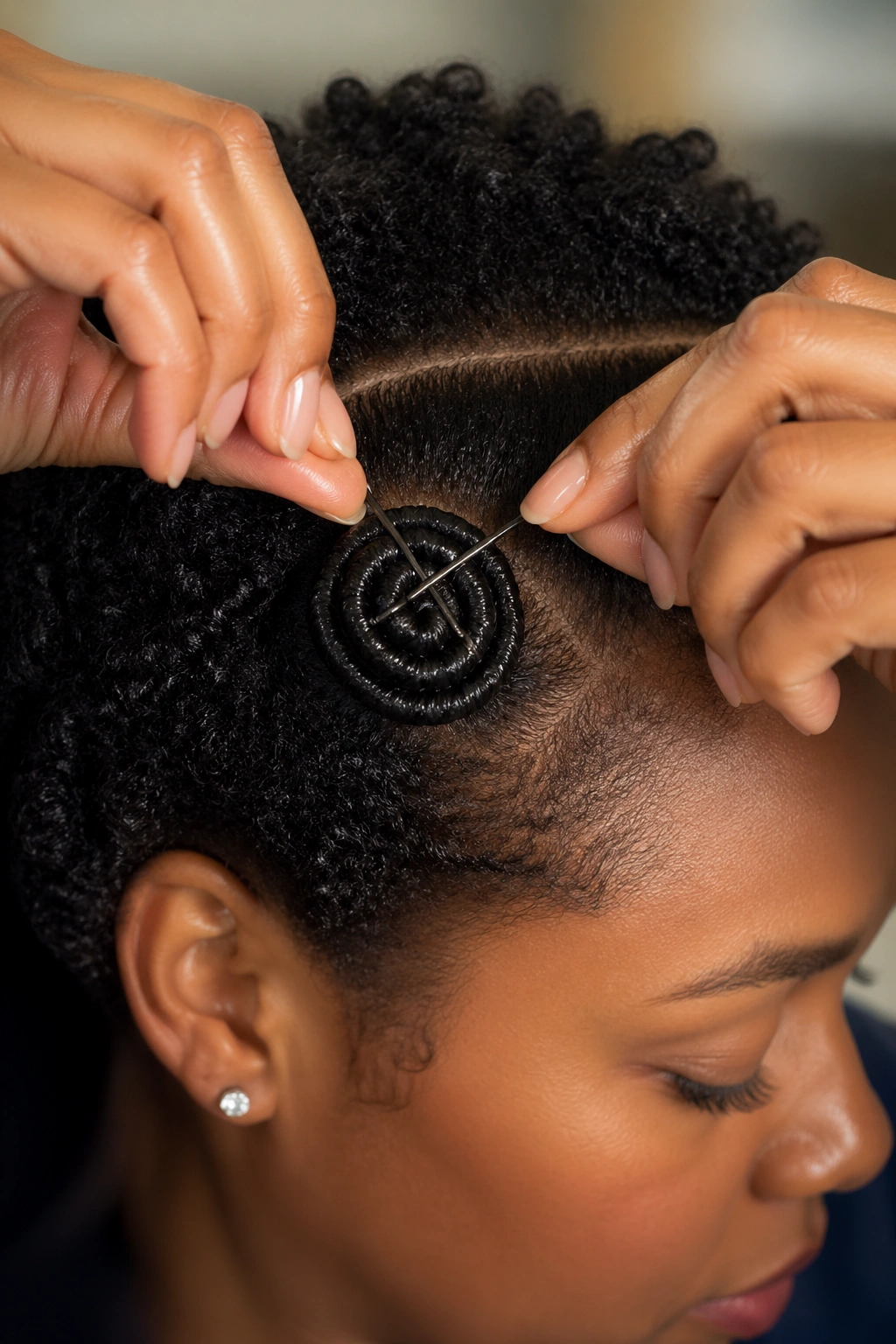 Hands forming a pin curl on damp natural hair with bobby pins in an X pattern