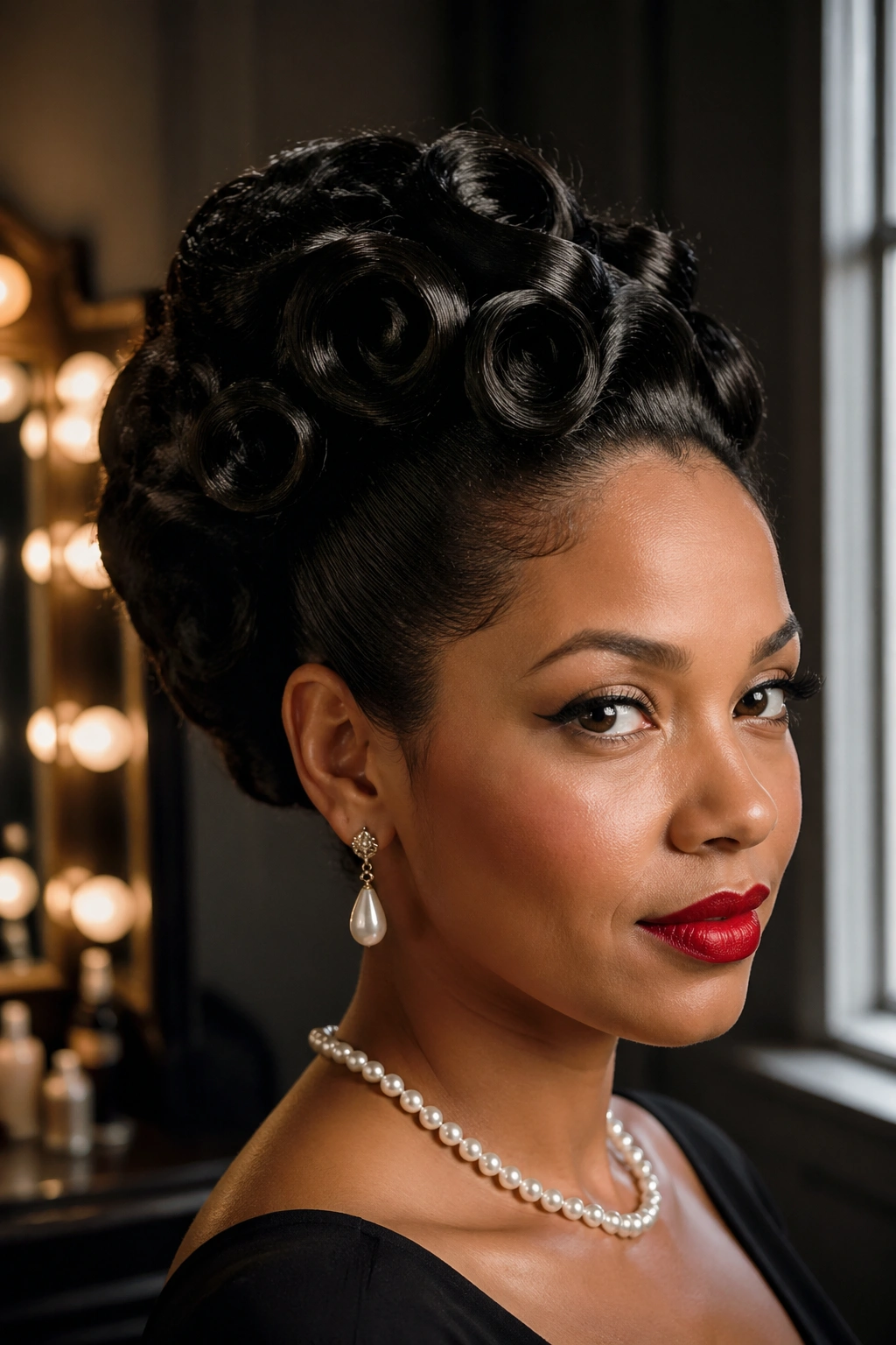 Real woman with pin curl set updo in vintage dressing room lighting