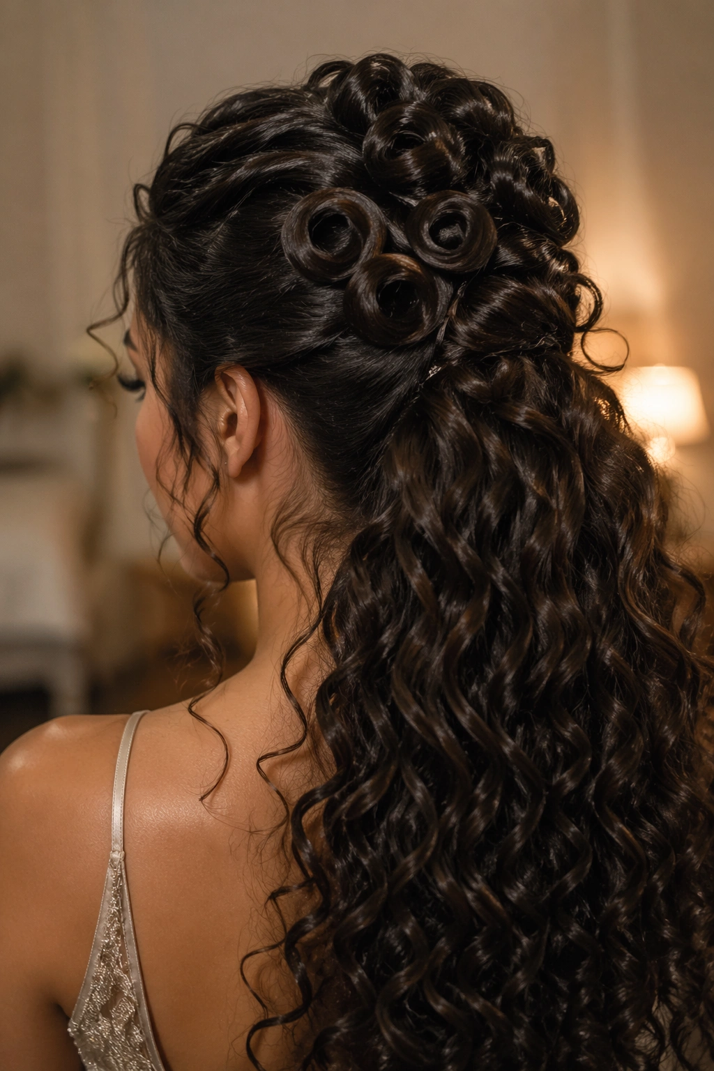 Close-up of pin curls pinned flat with curly hair flowing from the back on a real person.