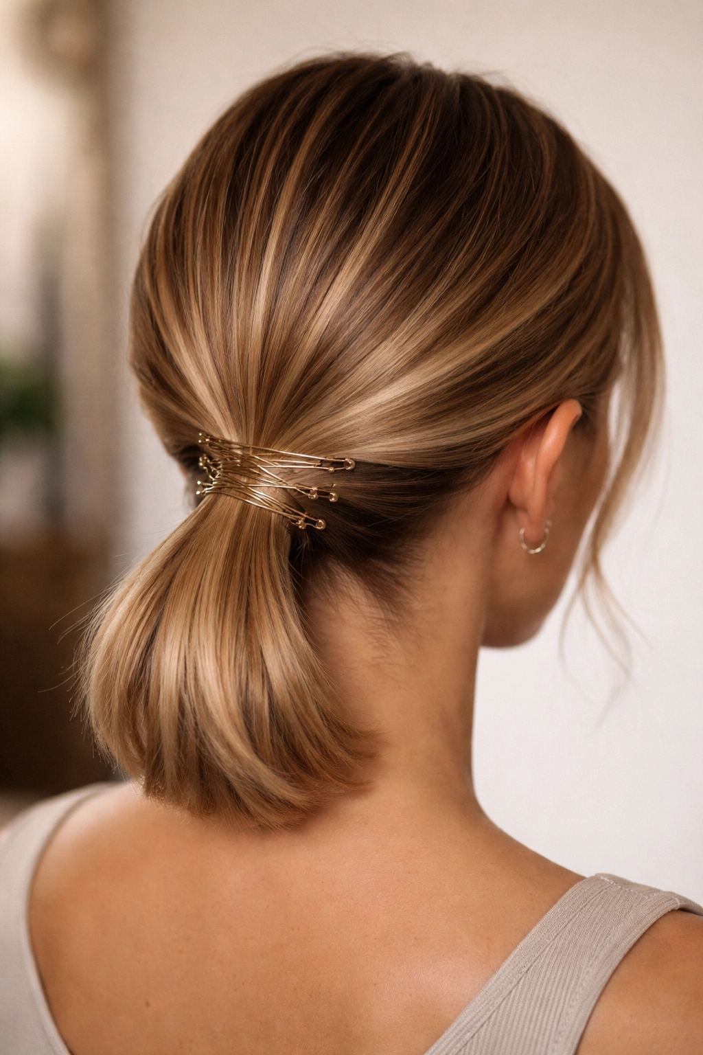 Low ponytail with visible bobby pins arranged in a pattern