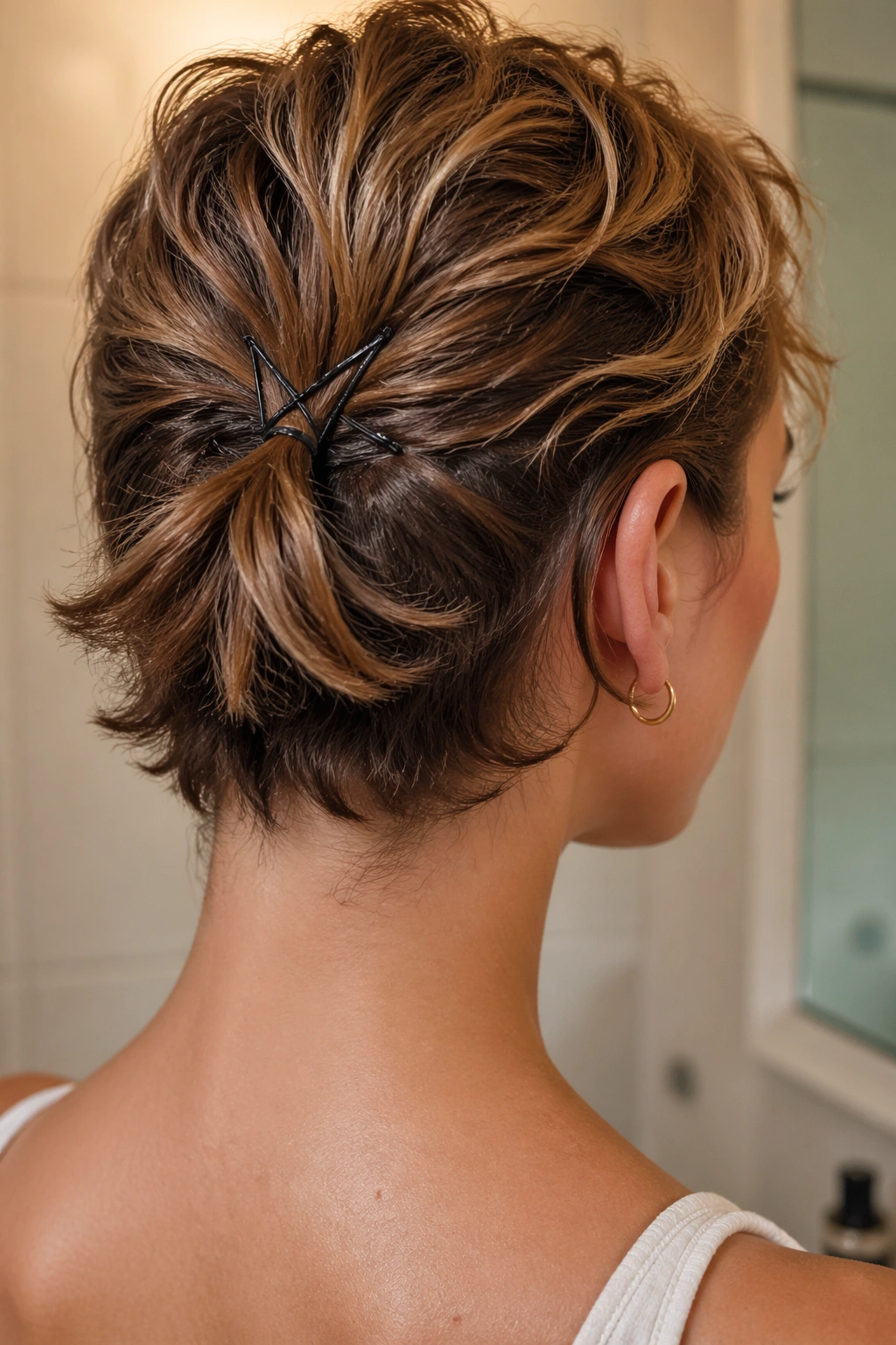 Back view of a real woman with very short hair in a pin-secure tiny ponytail