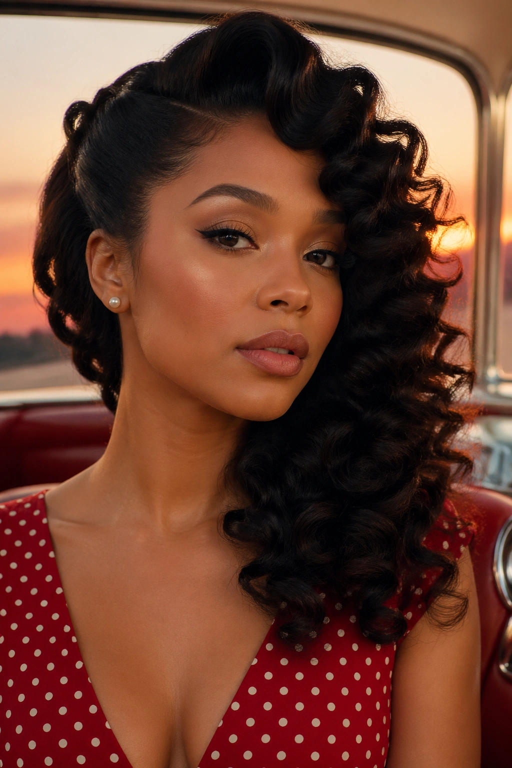 Portrait of a real woman with voluminous, side-swept wand curls in a pin-up look.
