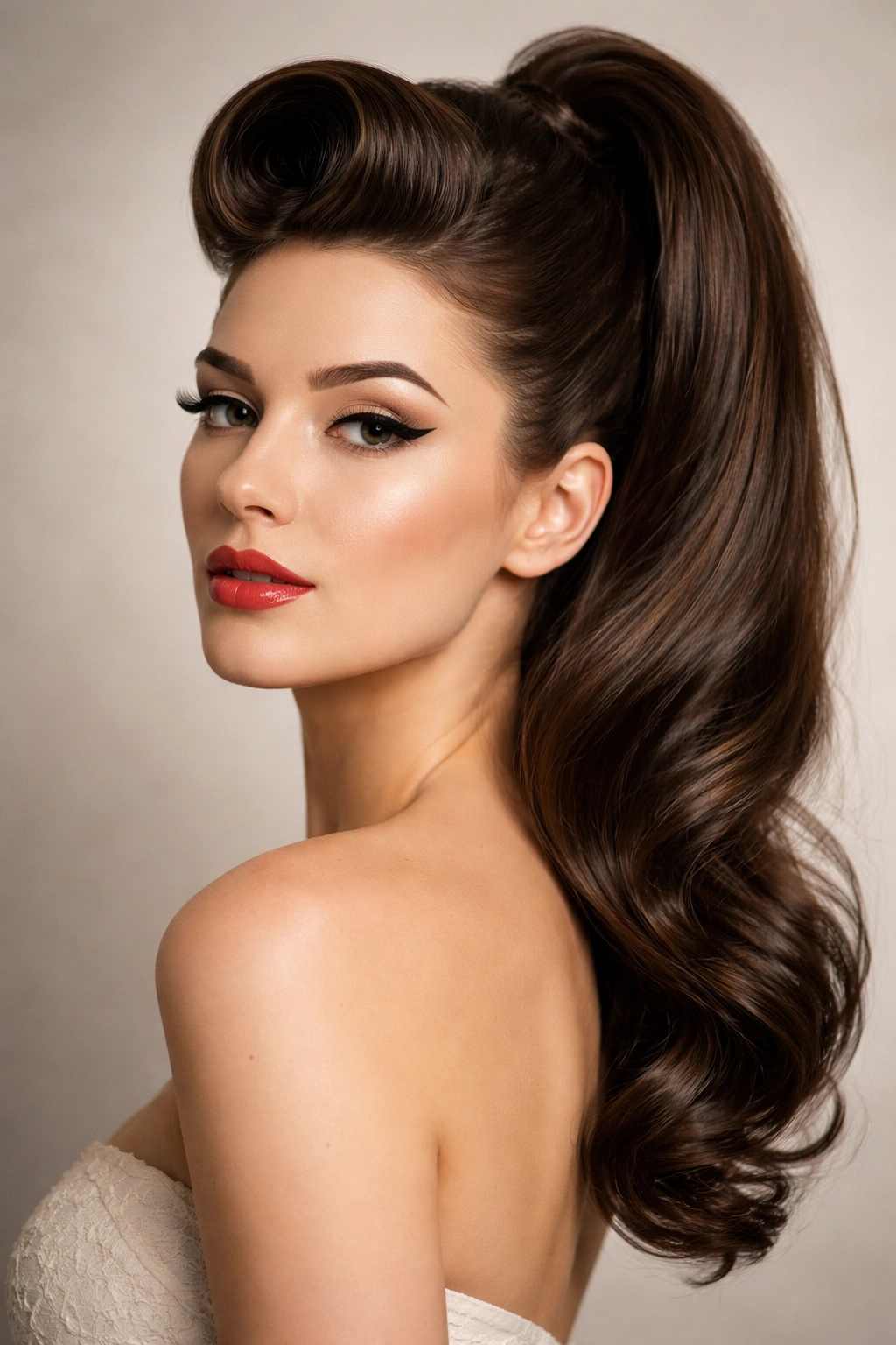 Close-up of Pin-Up Victory Roll Pony hairstyle with front victory rolls and high ponytail.