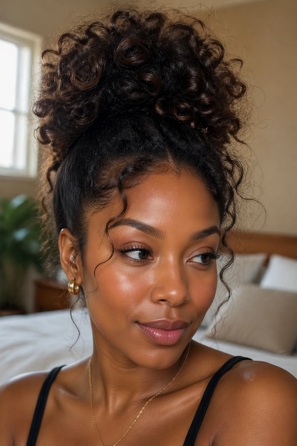 Close-up of pineapple bun for curly hair on a real woman
