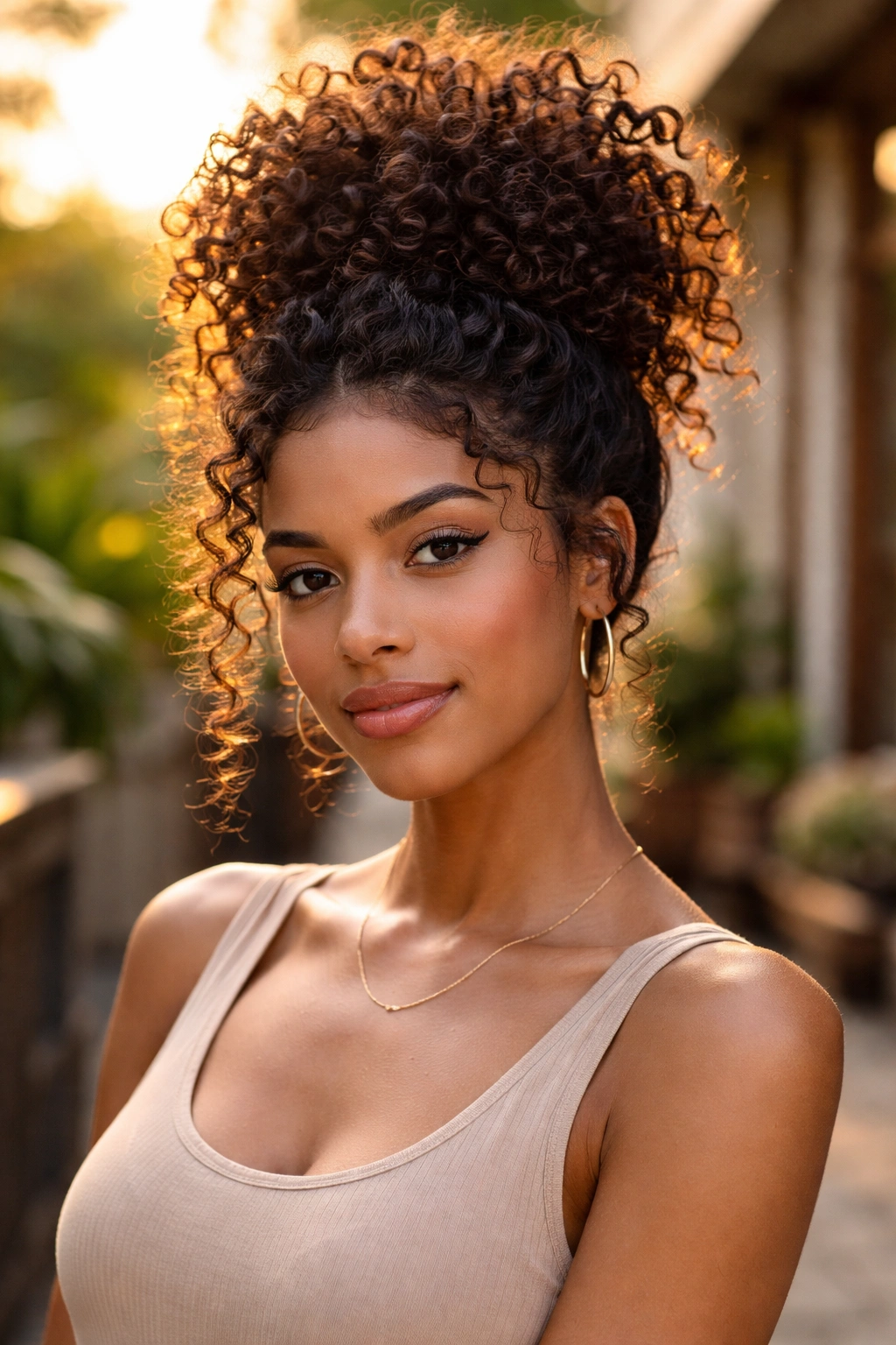 Close-up of a real person wearing a loose pineapple bun with curls cascading.