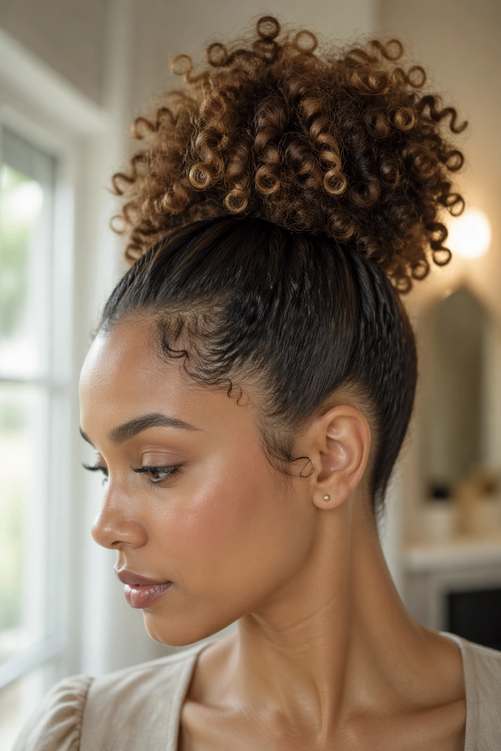 Close-up of a woman with a high curly pineapple bun and polished base