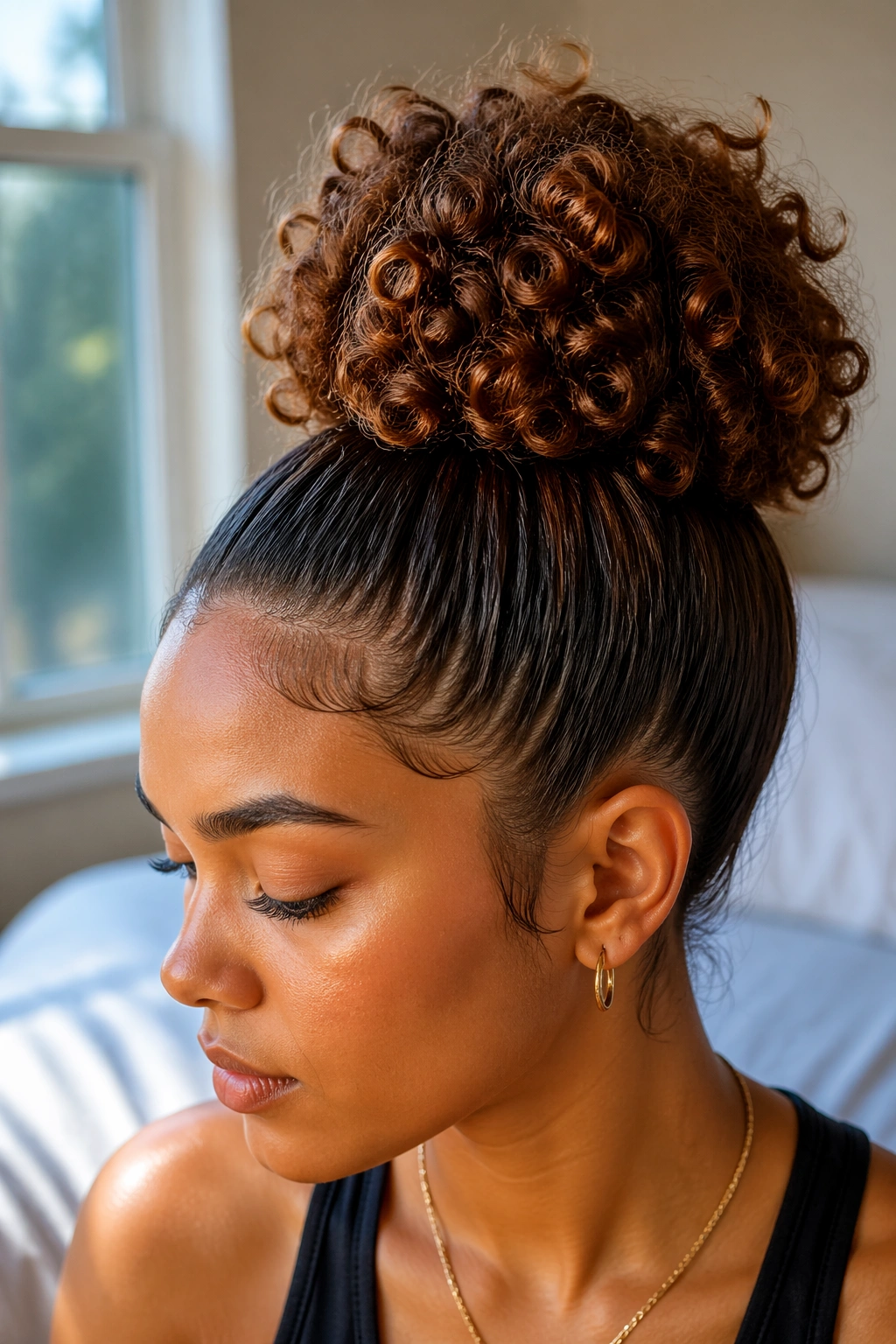 High pineapple bun with sleek edges on real person