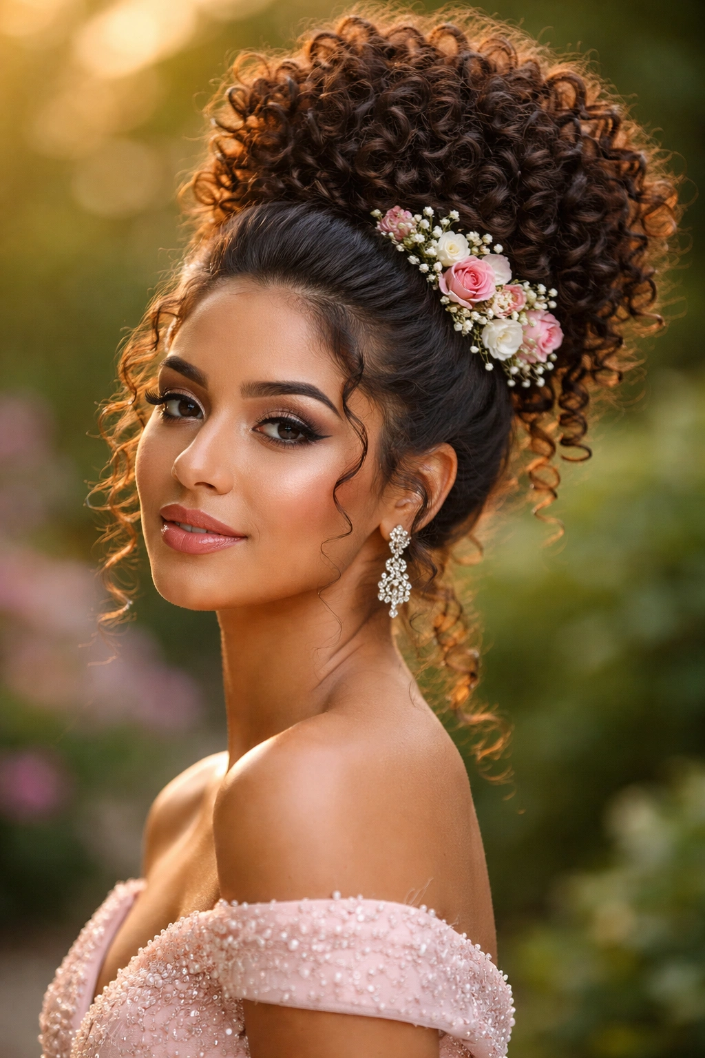 Close-up of a real woman with pineapple bun and decorative flowers