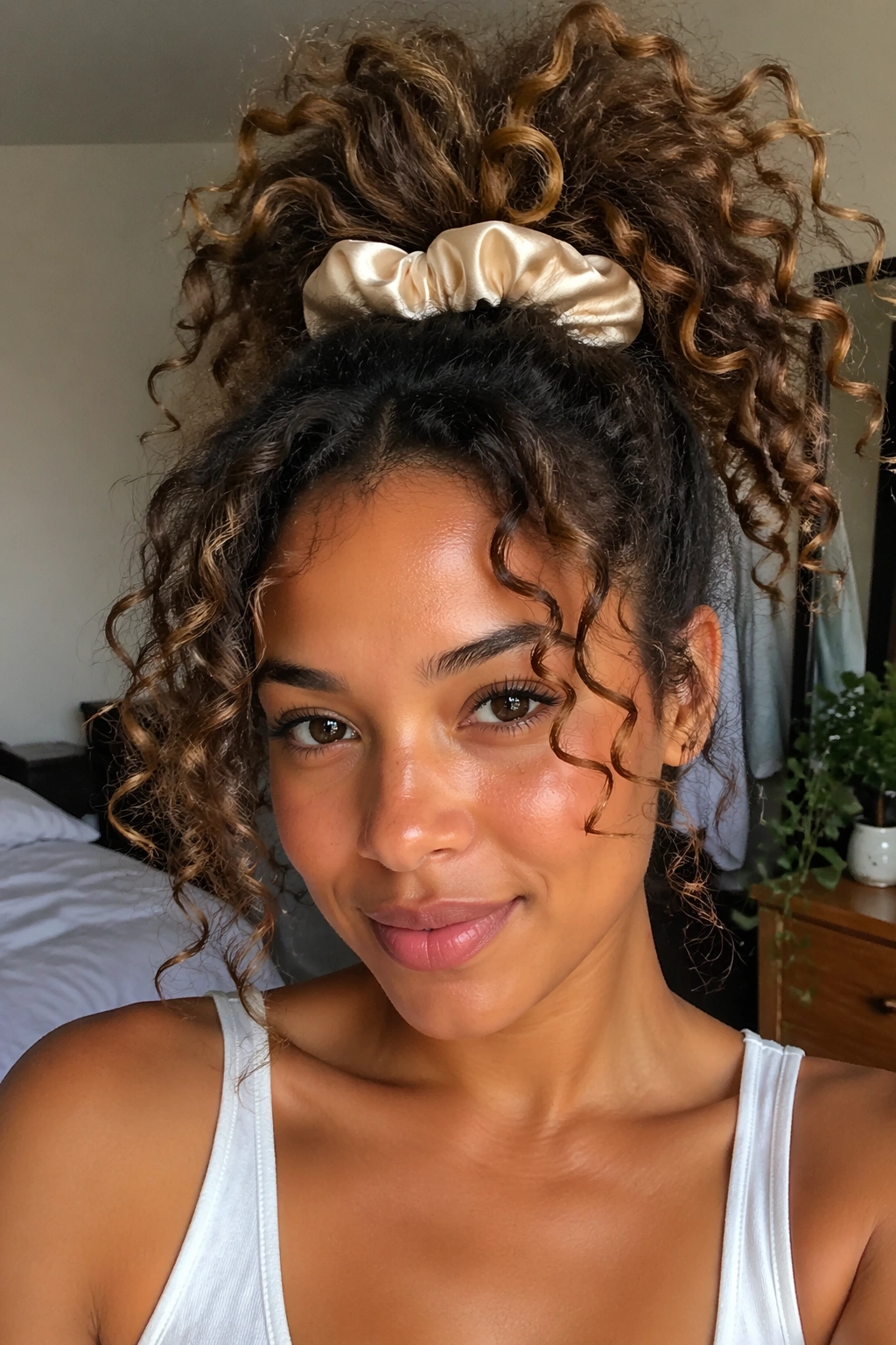 Close-up of a real woman wearing a pineapple bun with a silk scrunchie, curls framing her face